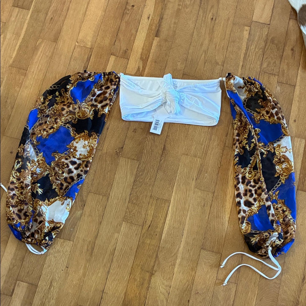Bandeau Bikini Top with Detachable Printed Puff Sleeves - White & Blue